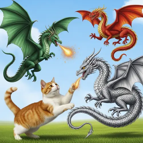 Playful Cat Engaging with Exotic Dragons