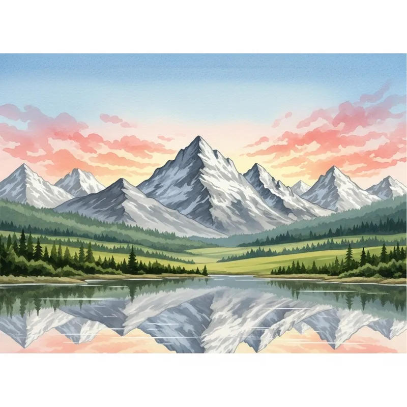Serenity in Watercolor: Majestic Mountains Landscape Serenity in Watercolor: Majestic Mountains Landscape