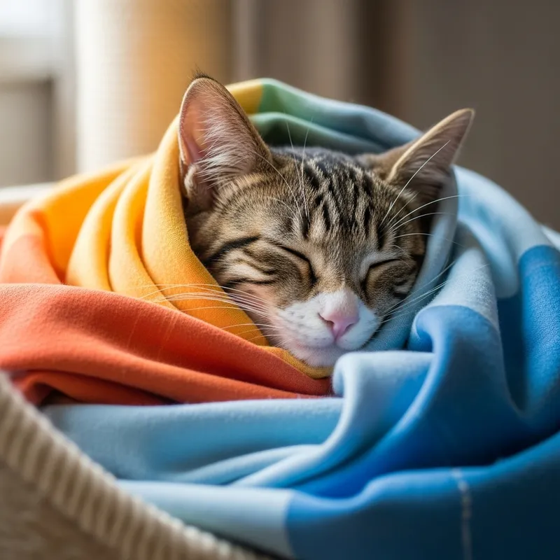 Snoozing Cutie: Delightful Cat in Colorful Fabric Snoozing Cutie: Delightful Cat in Colorful Fabric