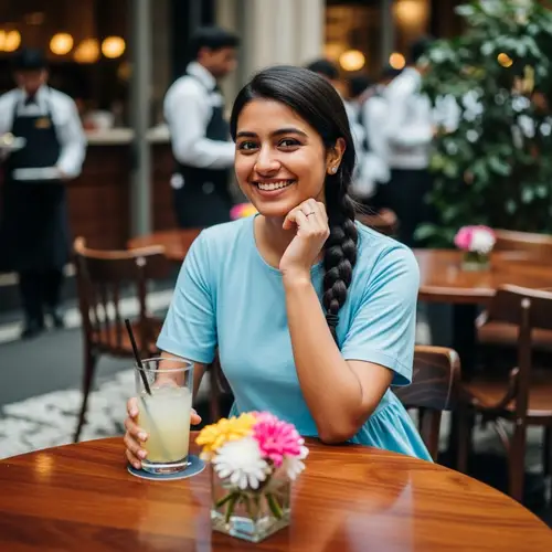 South Asian Female in City Restaurant | Blue Dress & Lemonade