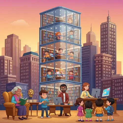 Urban Sunset Cityscape Bookstore | Diverse Patrons Reading & Engaging