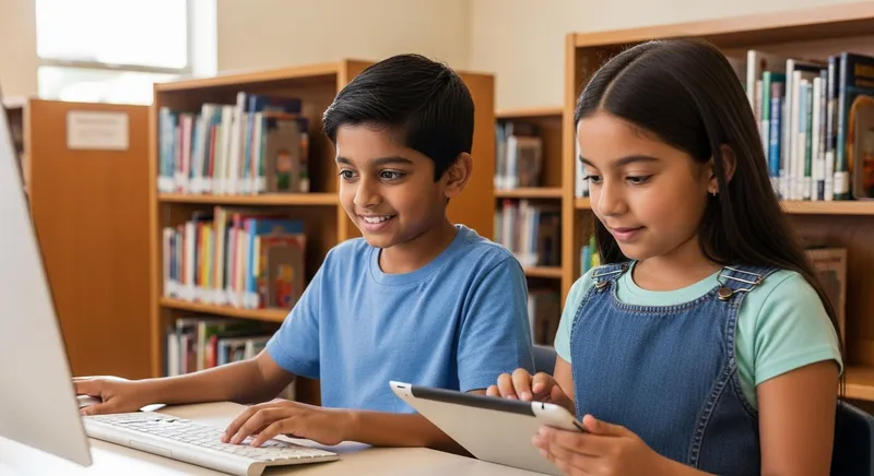 Kids Engaging with Computers and Tablets in School Library