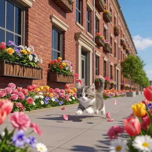 Adorable Kitten Frolicking Among Flowers on City Street