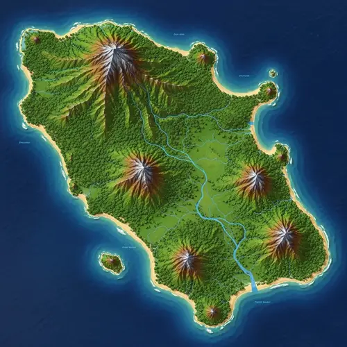 Mid-Size Pacific Island Topographical Map with Lush Vegetation and Mountain Ranges