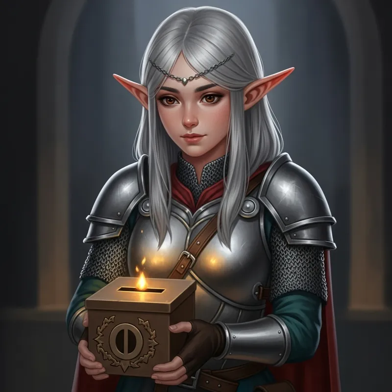Ten Years Elf Girl with Silver Hair and Donation Box | Fantasy Scene