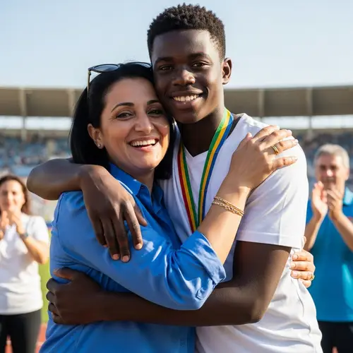 Middle-Eastern Mother Embracing Black Son | Joyful Victory Moment