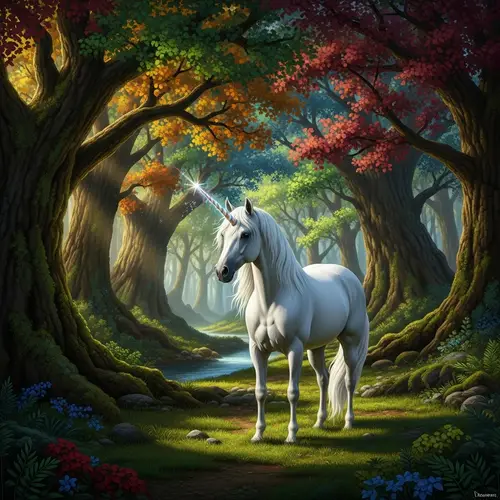 Majestic Unicorn in Enchanted Forest | Fantasy Scene