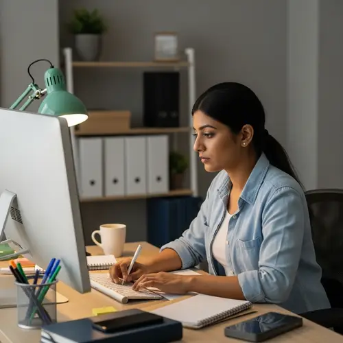 South Asian Woman Working on Modern Computer at Desk