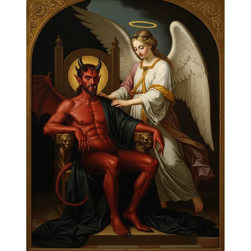 Devil and Angel on Throne: Eerie Encounter in Classic Scene