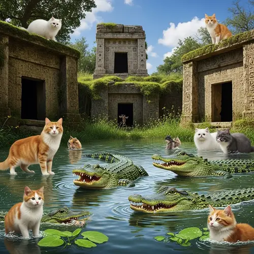 Tranquil Yet Thrilling Scene: Cats, Dogs, Alligators & Ancient Tombs