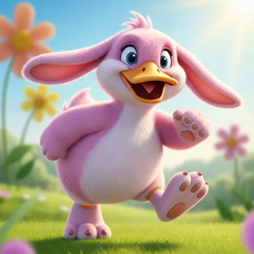 Whimsical Pink Furry Duck with Rabbit Features