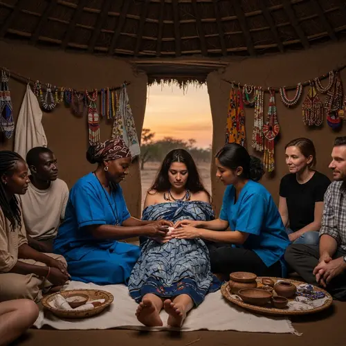 African Village Childbirth Scene: Diverse Support and Tradition
