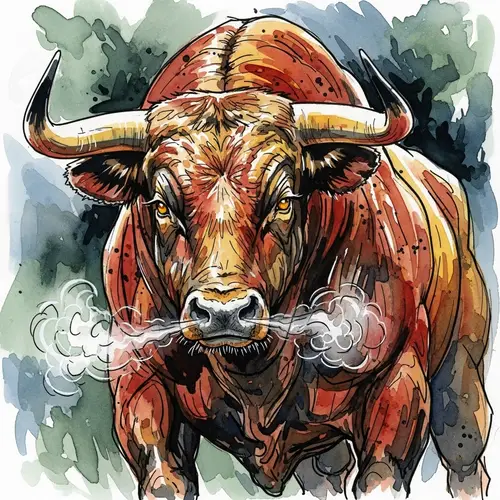 Watercolor Painting of Fierce Bull with Contour Lines