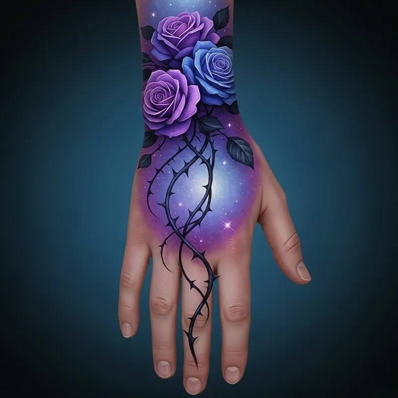 Healing Hand Tattoo: Purple & Blue Roses