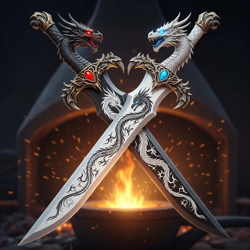 Dragon Motif Twin Swords - Black & White with Dragon Heads