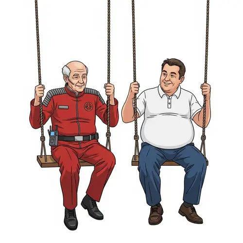 Futuristic Bald Man Swinging with Average Man | Joyful Scene