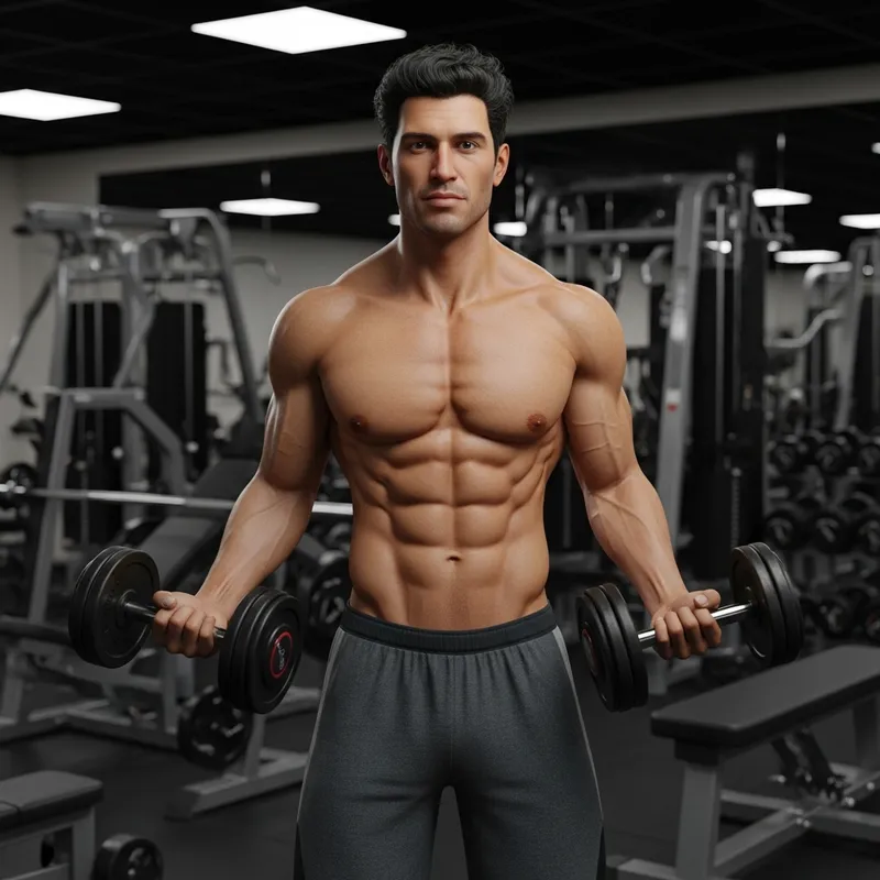 Physically Fit Man Showing Abs and Lifting Weights at the Gym
