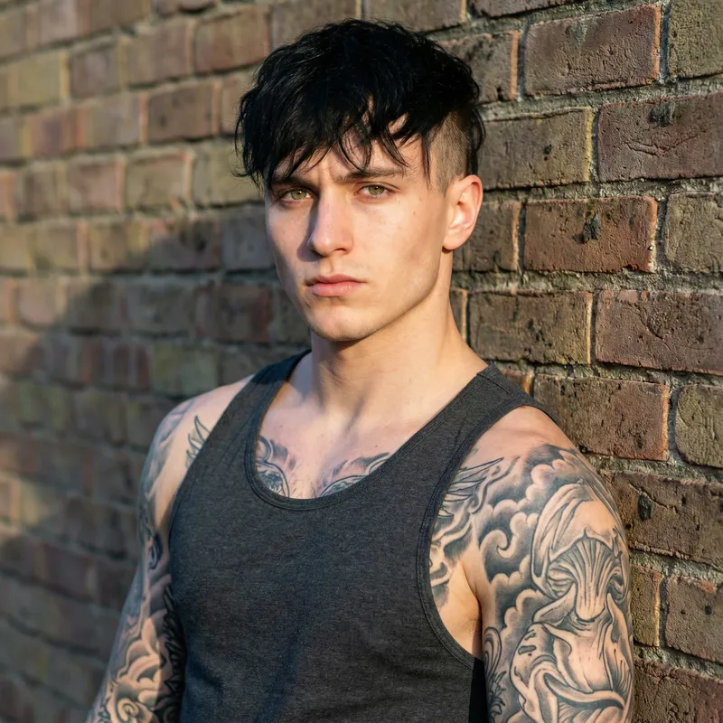19-Year-Old Muscular Caucasian Male with Tousled Black Hair and Emerald Green Eyes