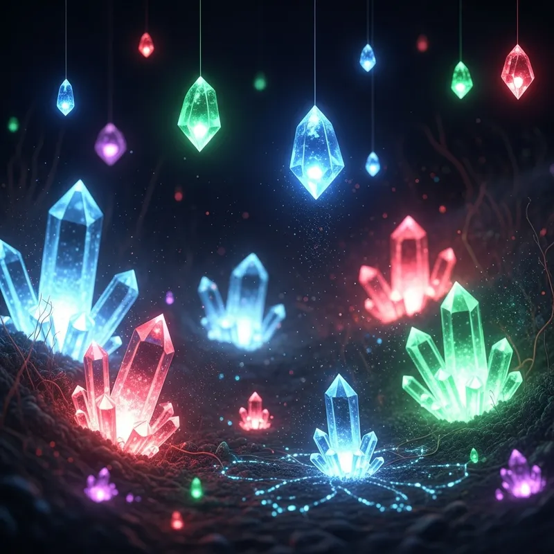 Ethereal Crystal Scene with Ruby Red, Sapphire Blue & Emerald Green Hues