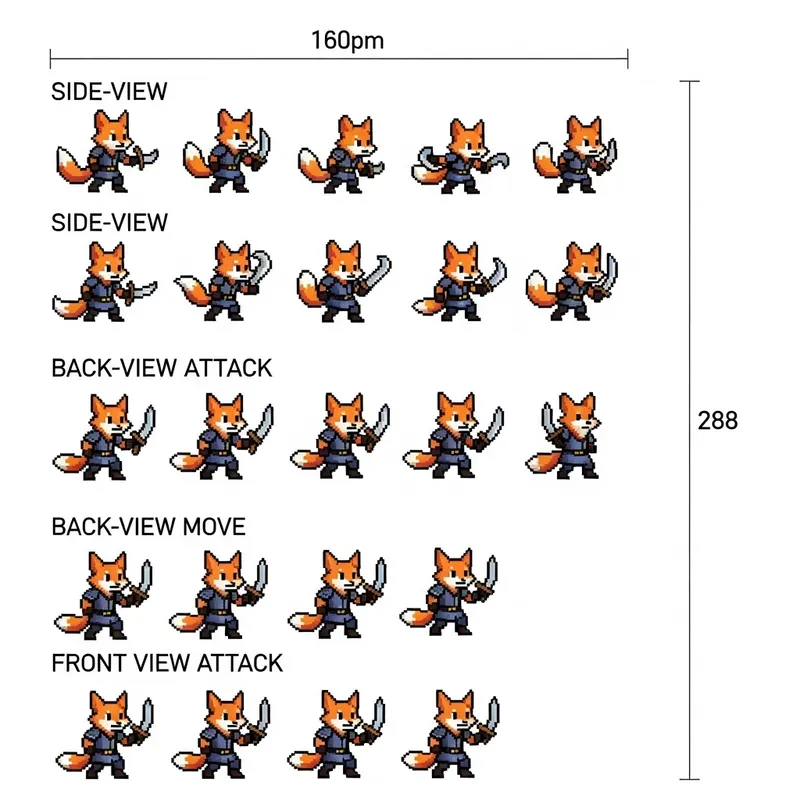 Detailed Pixel Art Sprite Sheet for Fox Character in Tabletop RPG Setting