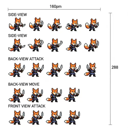 Pixel Art Sprite Sheet for Dungeons & Dragons Style Fox Character