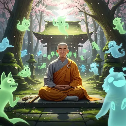 Asian Monk Smiling Serenely Among Spirits | Tranquil Existence