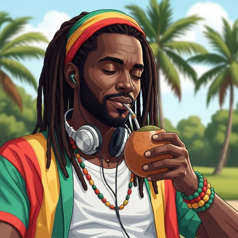 Reggae Man Sipping Yerba Mate with Good Vibes Music
