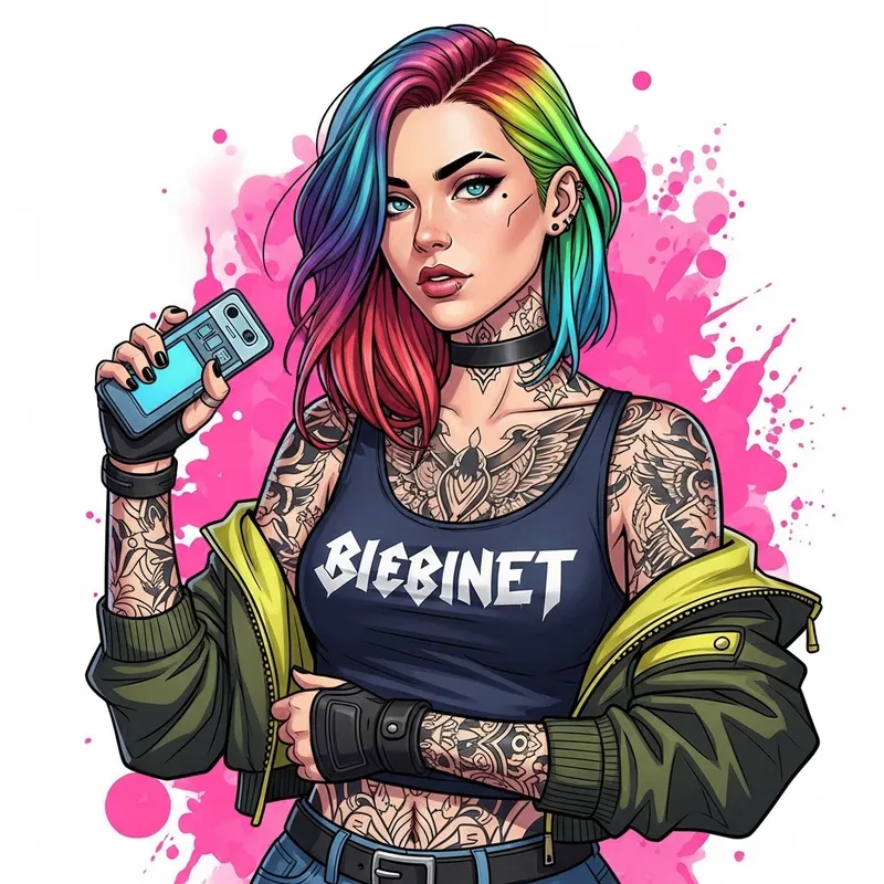 Vibrant Cyberpunk Comic Art: Young Caucasian Woman with Intricate Tattoos