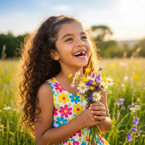 Charming Hispanic Girl Playing Outdoors with Wildflowers