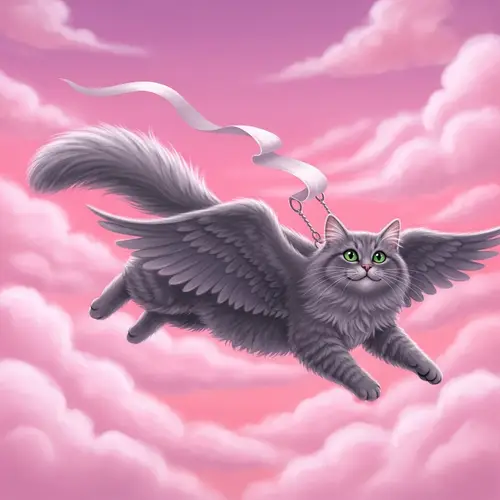 Flying Gray Cat in Pink Sky | Magical Flight Joy