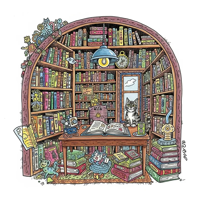 Whimsical Library Scene with Curious Cat & Vibrant Colors
