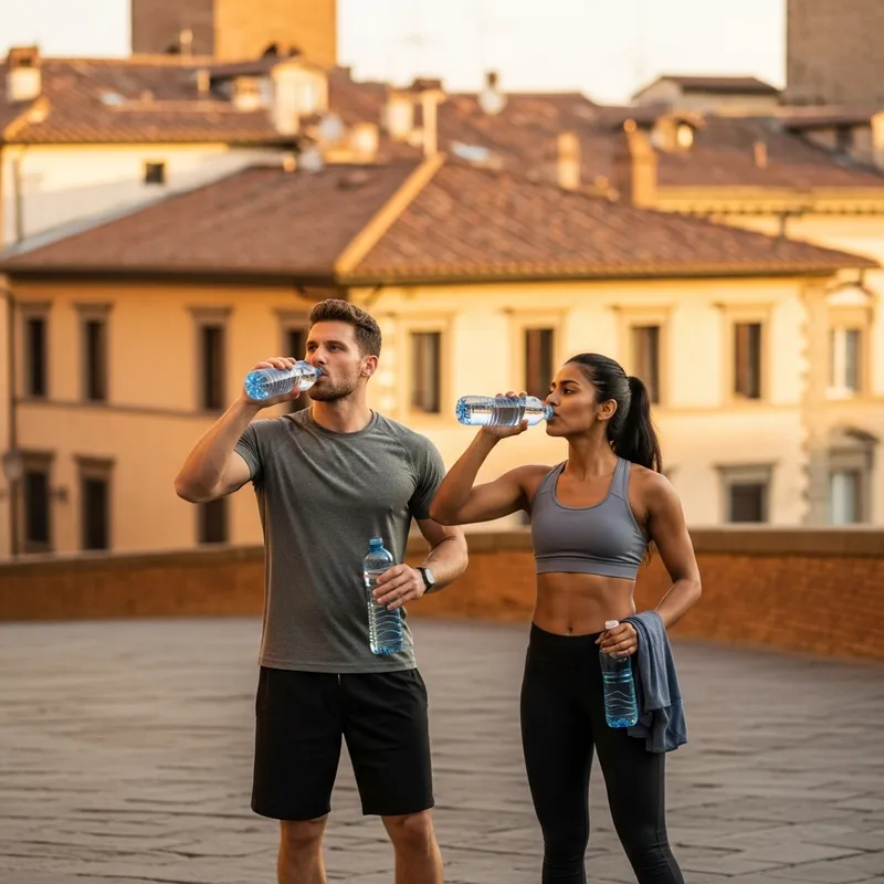 Hydrating Couple in Italian City | Healthy Lifestyle - Man & Woman Drinking Water