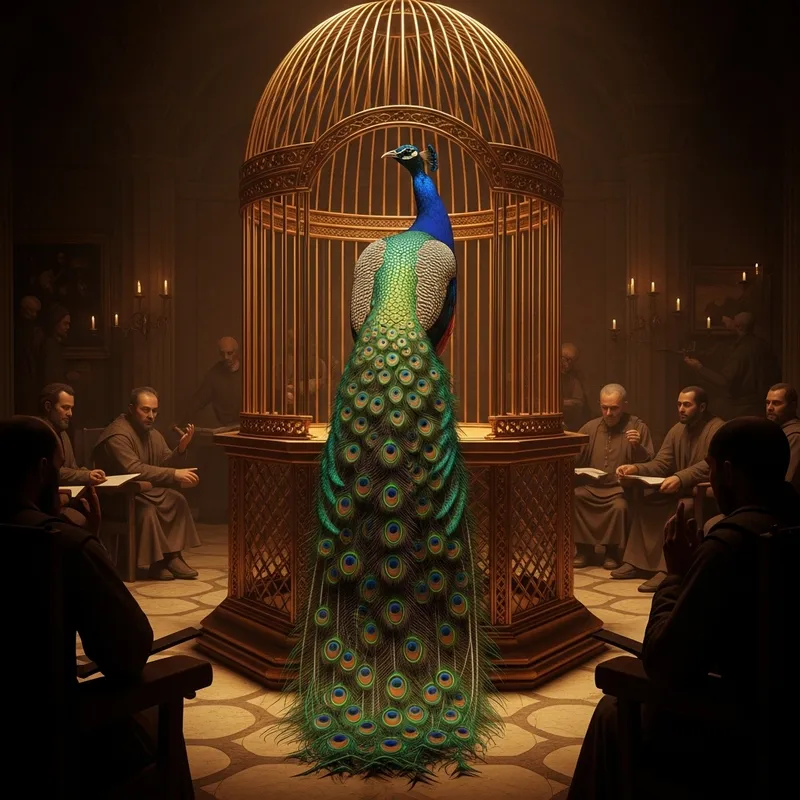 Radiant Peacock in Golden Cage: Mysterious Renaissance Display Radiant Peacock in Golden Cage: Mysterious Renaissance Display