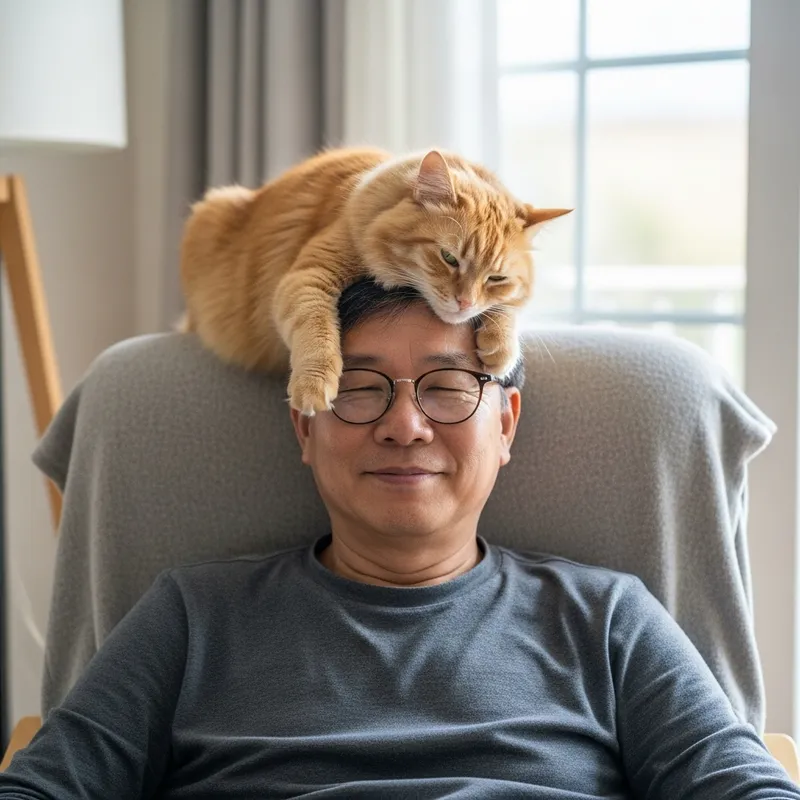 Peaceful Man Balancing Cat on Head