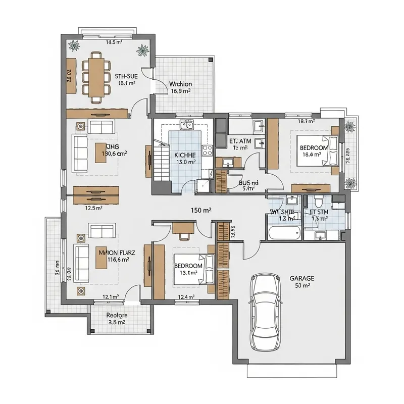 Architectural Blueprint of a 150 Sqm Residential House Layout
