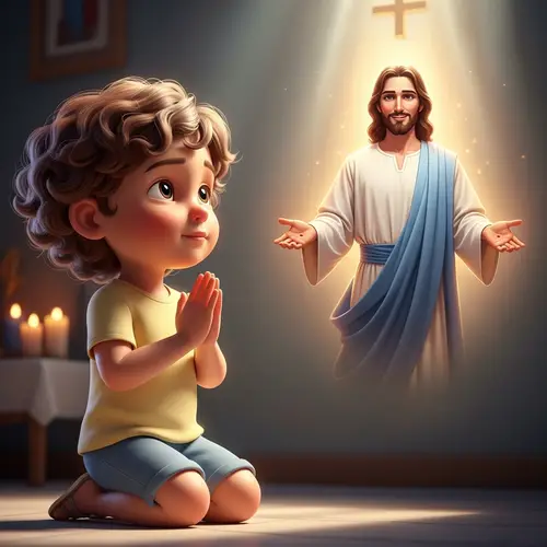 Little Kid Praying to Jesus in 3D Animation