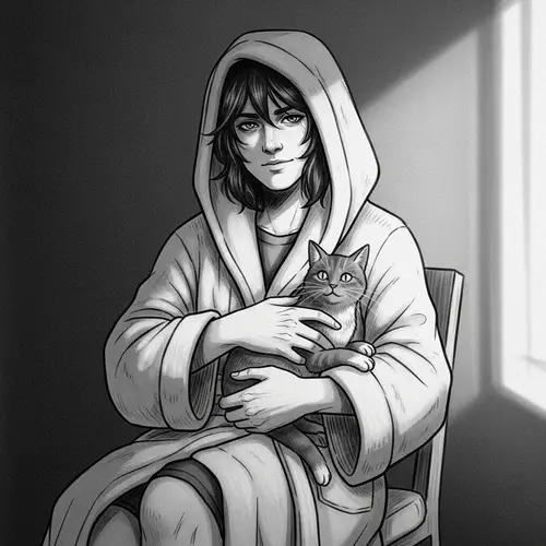 Vintage Fantasy Character Illustration with Cat in House Robe