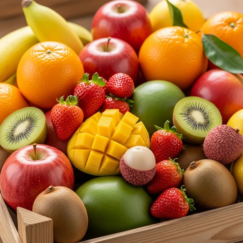 Vibrant Organic Fruits Display - Fresh Mangoes, Oranges & More