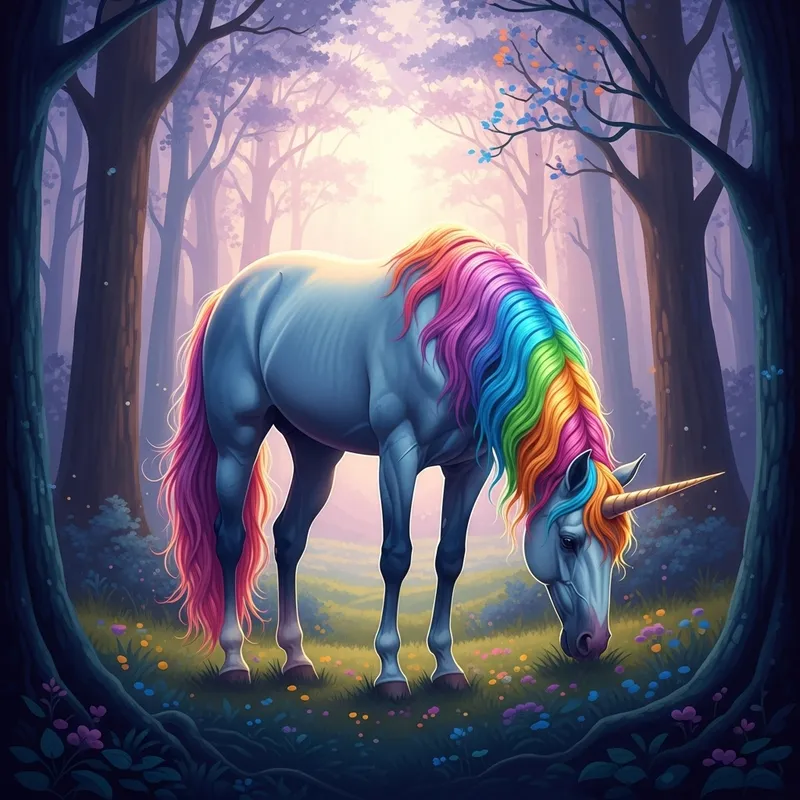 Radiant Unicorn Grazing in Dreamlike Forest