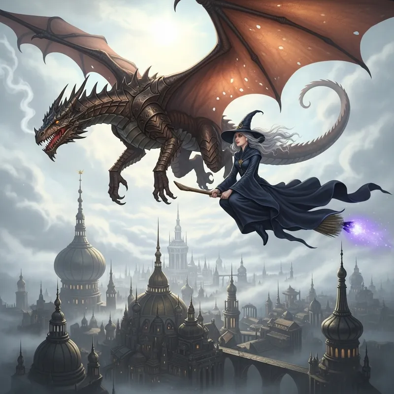 Fantasy Art of Tairn and Andranna Soaring Above Bagasth