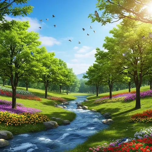 Serene Natural Landscape: Harmony of Verdant Trees and Gurgling Stream