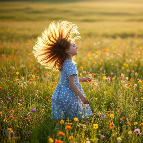 Sunlit Meadow with Wildflowers: Joyful Young Girl Playing