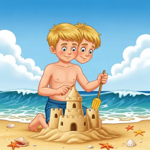 Caucasian Boy with Two Heads Building Sandcastle at Beach