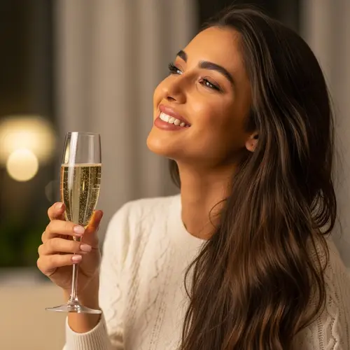 Joyful Middle Eastern Woman with Bubbly Drink | Warm Atmosphere