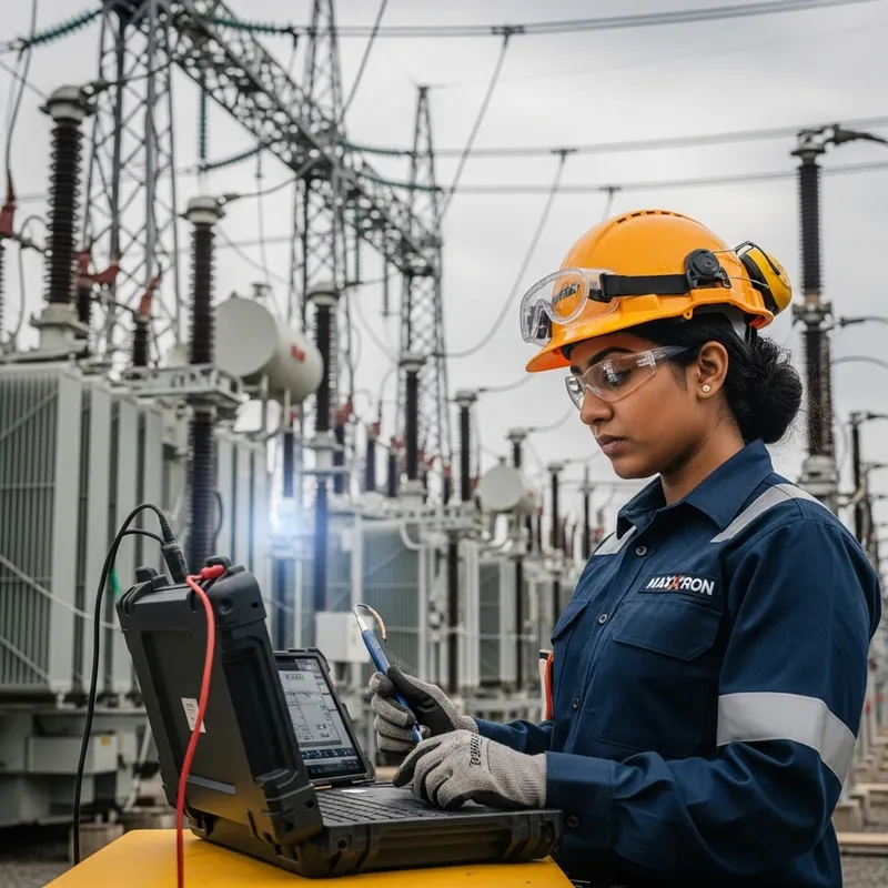 MAXTRON Engineer Testing Power Transformer in Electrical Substation