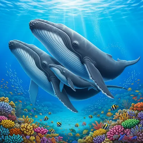 Whale Family Portrait in Tranquil Ocean Depths