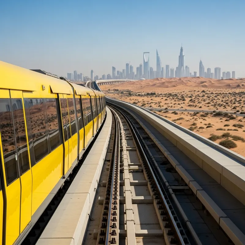 Riyadh Desert Metro Yellow Line: Sleek Train in Desert Landscape