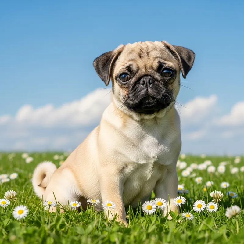 Adorable Fawn-Colored Pug Dog with Expressive Eyes on Green Meadow