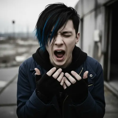 Young Man with Black and Blue Hair Yawning in Post-Apocalyptic Setting