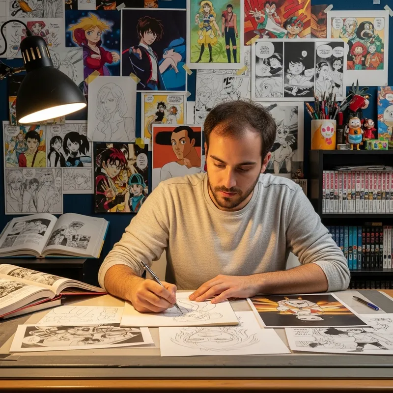 Fabien Drawing with Brunette Hair and Beard, Surrounded by Cartoons and Comics Fabien Drawing with Brunette Hair and Beard, Surrounded by Cartoons and Comics